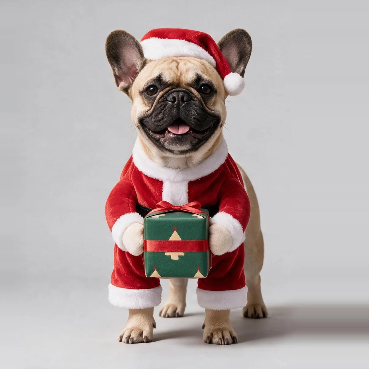 French bulldog wearing the Santa Paws costume, front view