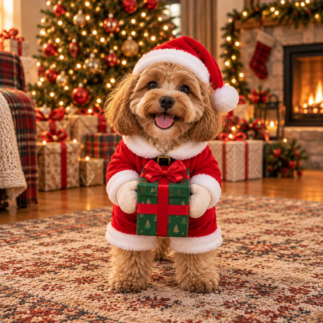 Cockapoo in the Santa Paws costume in a living room