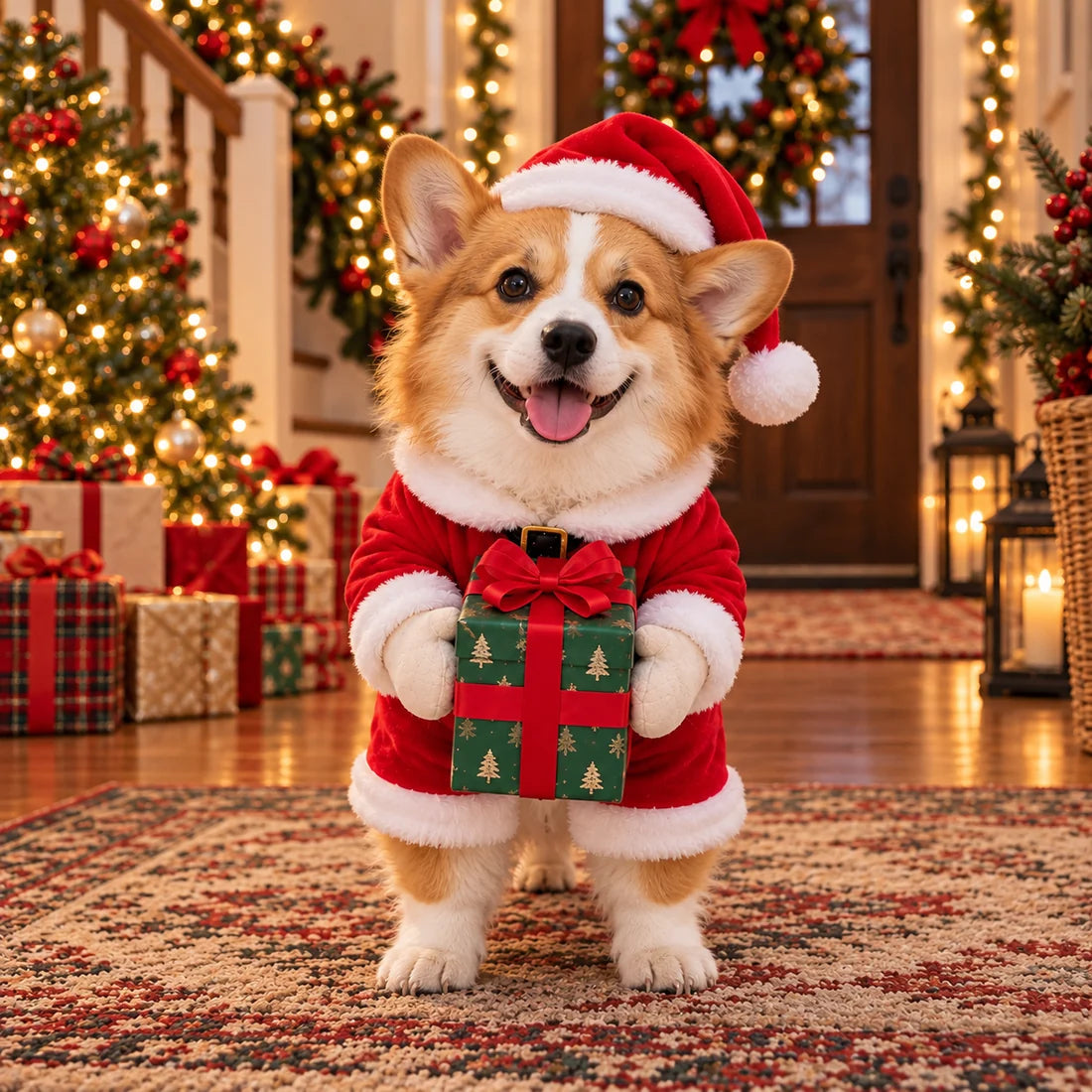 Corgi wearing the Santa Paws costume by a Christmas tree