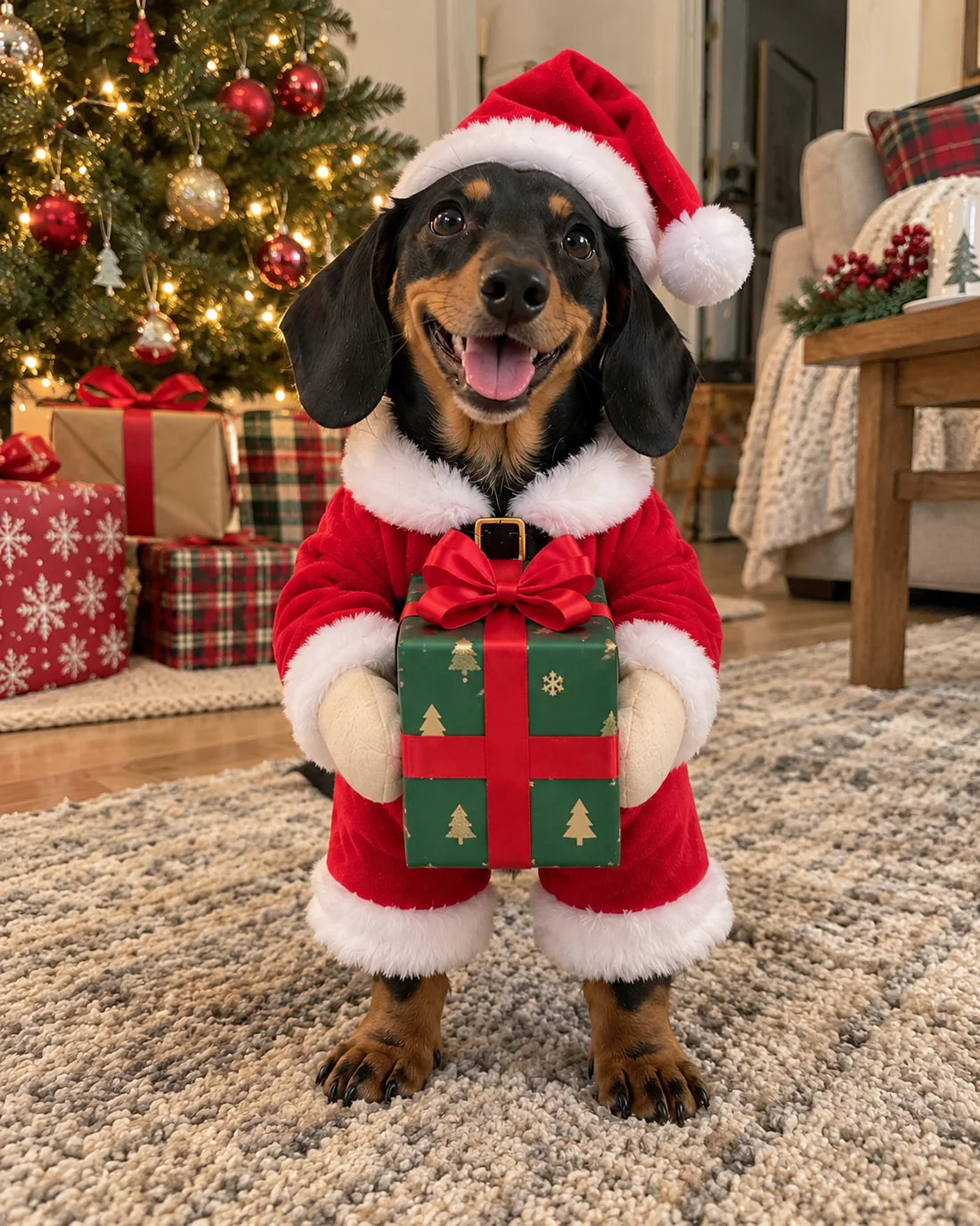 Dachshund in the Santa costume holding the green gift box