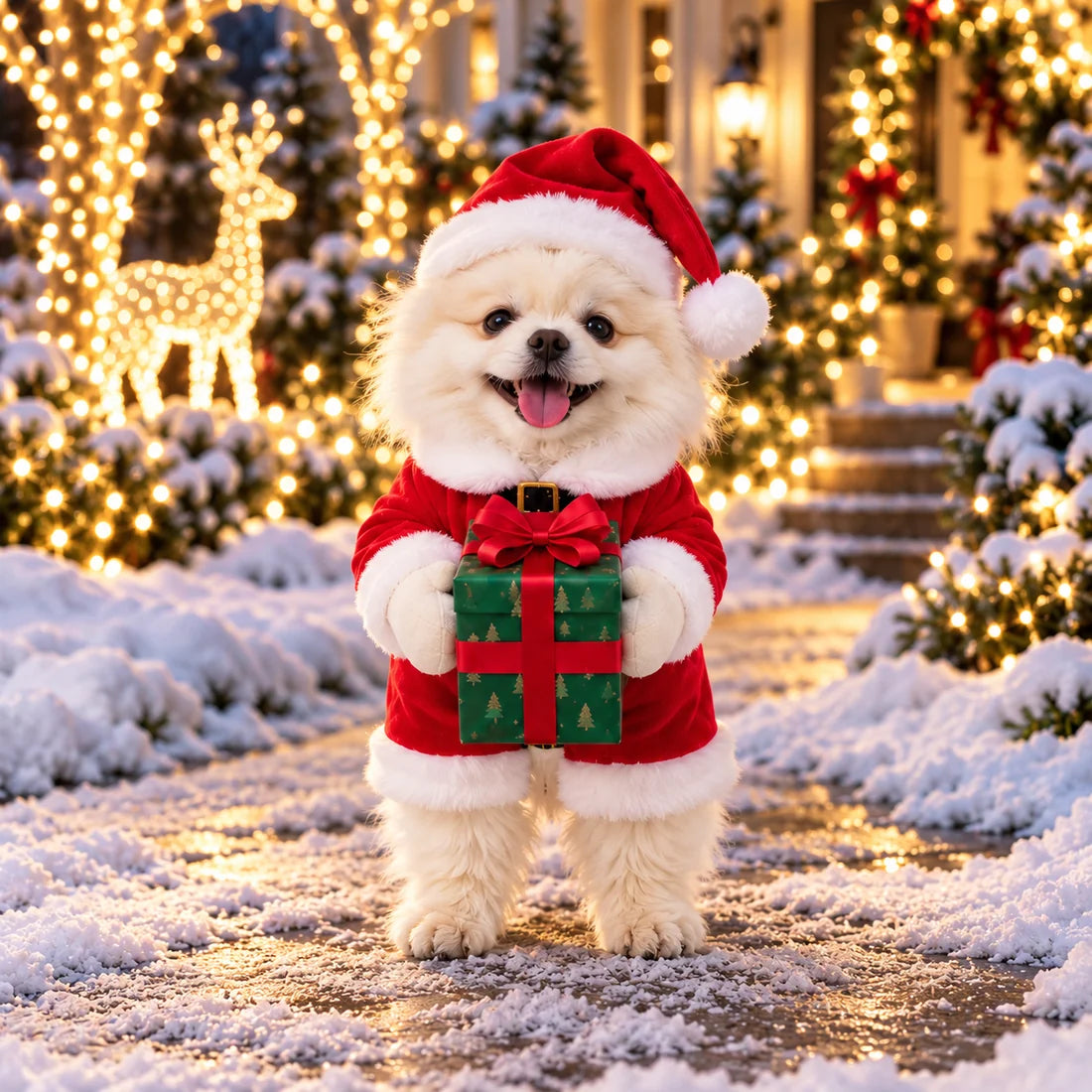 White Pomeranian in the Santa costume in the snow
