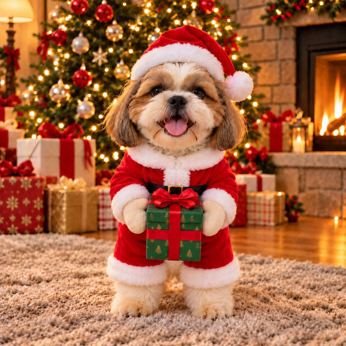 Shih Tzu in the Santa costume by a fireplace