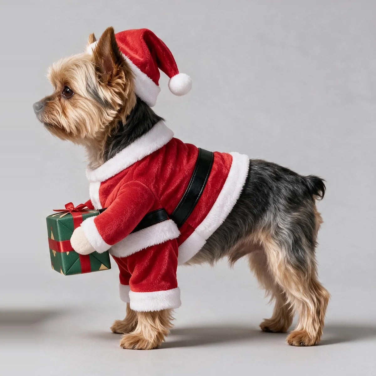 Side view of the costume on a Yorkshire terrier, showing the belt and the arms