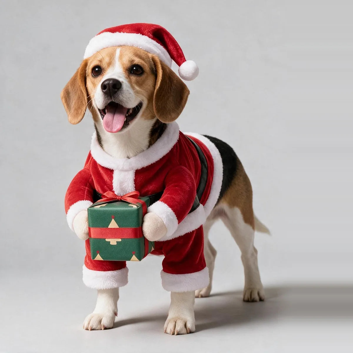 Beagle wearing the Santa Paws costume, front view