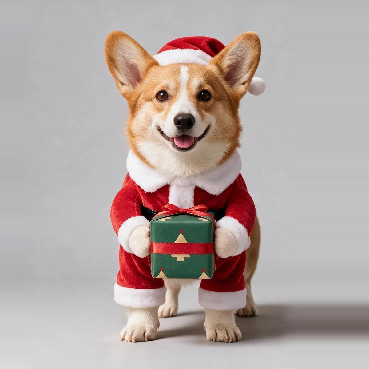 Corgi wearing the Santa Paws costume, front view