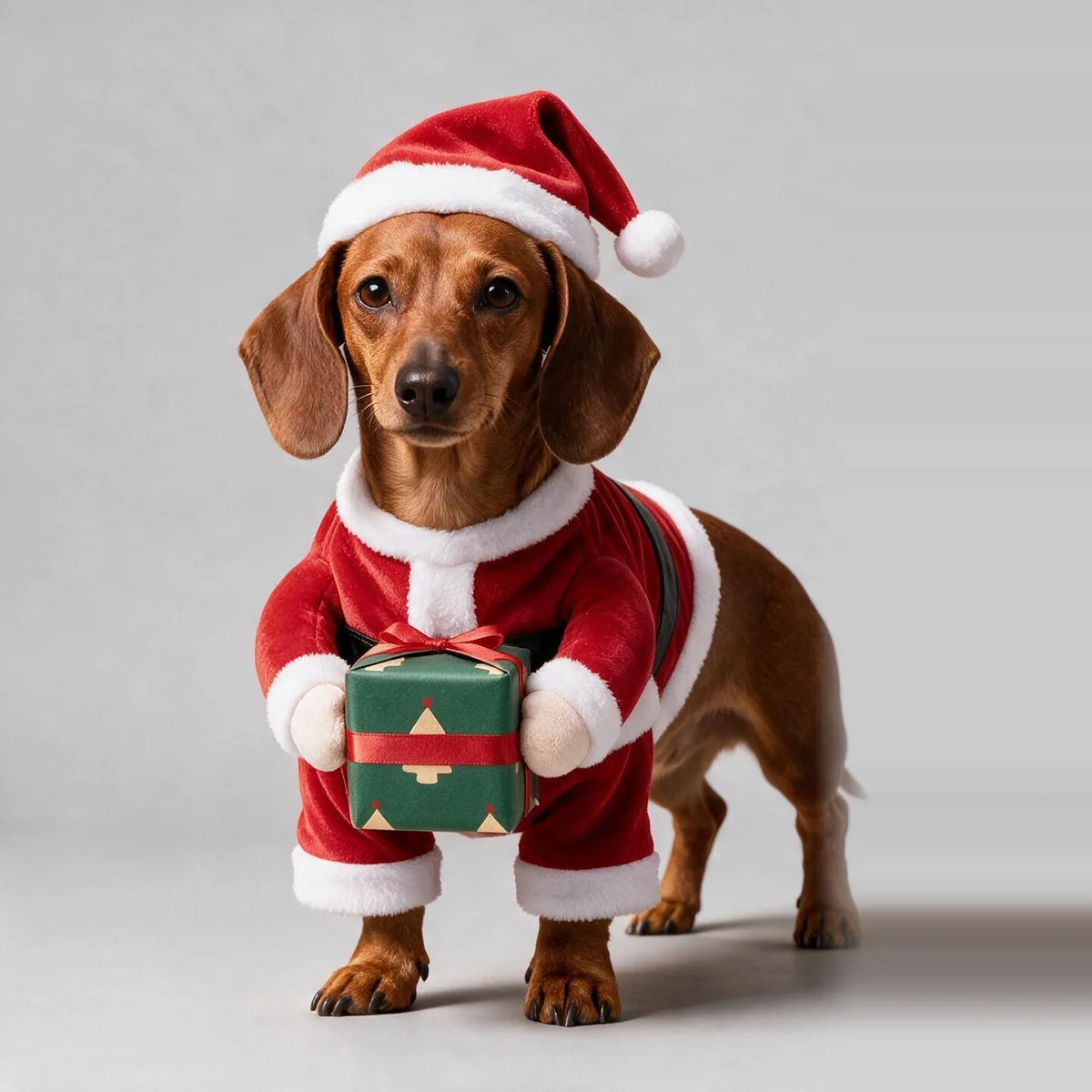 Dachshund wearing the Santa Paws costume, front view