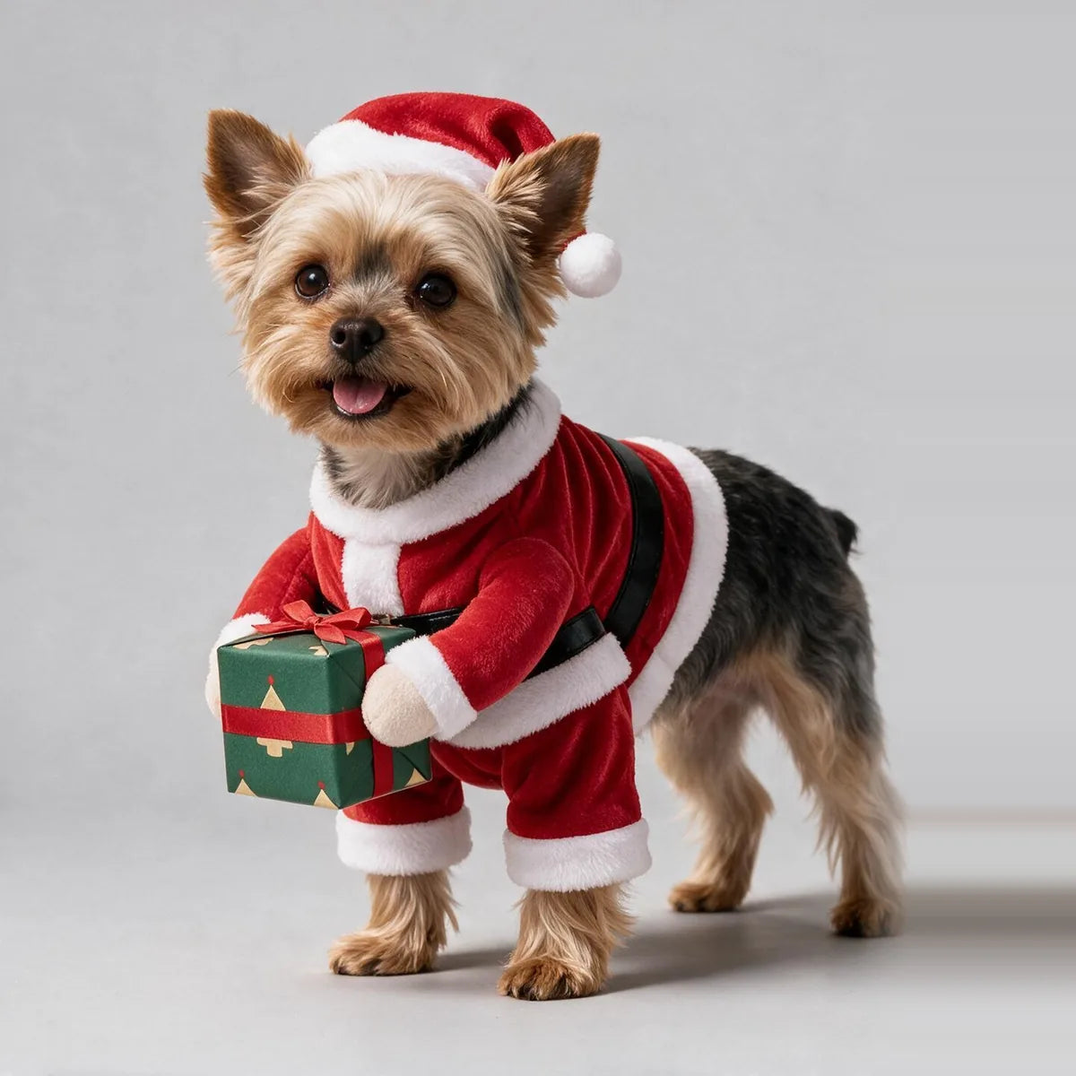 Yorkshire terrier wearing the Santa Paws costume, front view